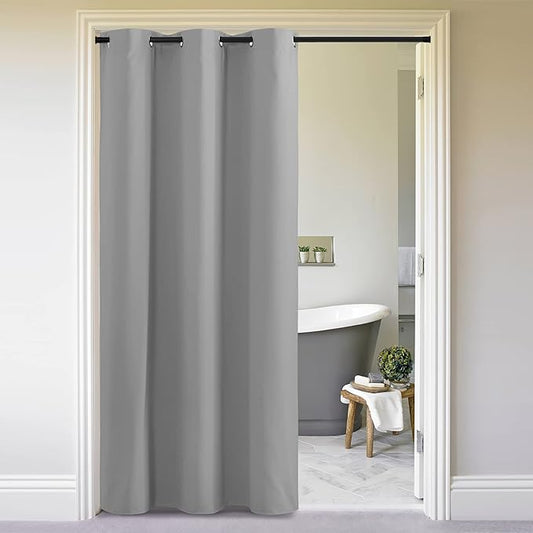 NICETOWN Sliding Door Curtains 96 inch Length, Single Curtain, Insulating Thermal Blackout Curtains for Bedroom Window Bathroom Doorway Front Door (1 Panel, 5ft Wide x 8ft Long, Silver Grey)