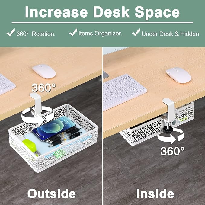 ROSYLINE Drawer Under Desk Storage Organizer, Clamp on Desk Drawer, Under Desk Storage, Clamp Drawer Basket, Hanging Desk Storage, Under Desk Mount Tray, Suitable for Multiple Scenes (white)