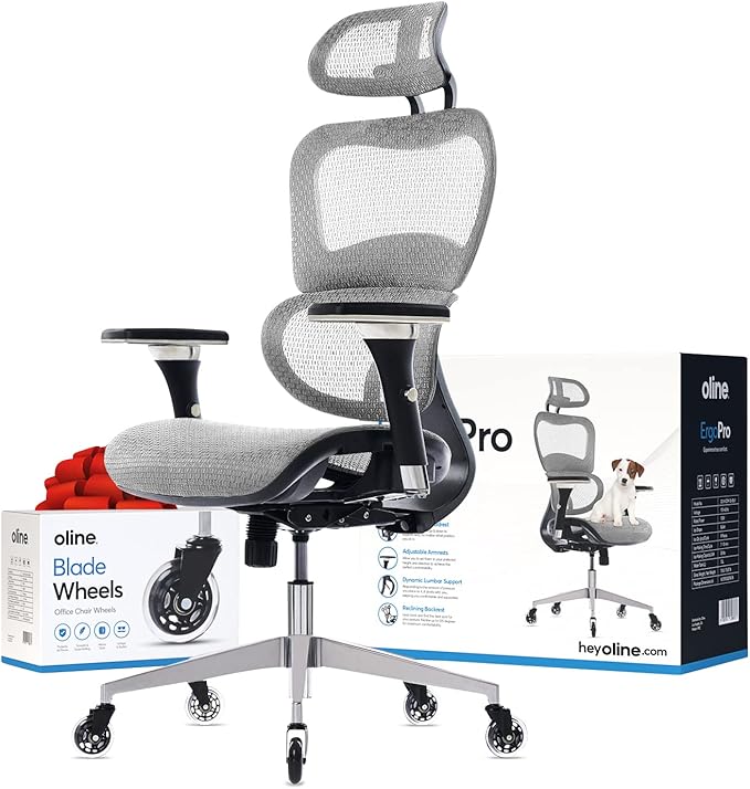 Oline ErgoPro Ergonomic Office Chair - Rolling Desk Chair with 4D Adjustable Armrest, 3D Lumbar Support and Blade Wheels - Mesh Computer Chair, Gaming Chairs, Executive Swivel Chair (Light Gray)