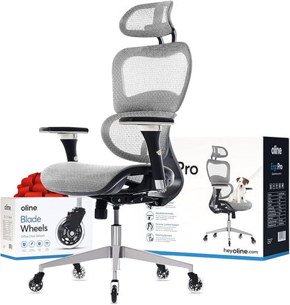 Oline ErgoPro Ergonomic Office Chair - Rolling Desk Chair with 4D Adjustable Armrest, 3D Lumbar Support and Blade Wheels - Mesh Computer Chair, Gaming Chairs, Executive Swivel Chair (Light Gray)