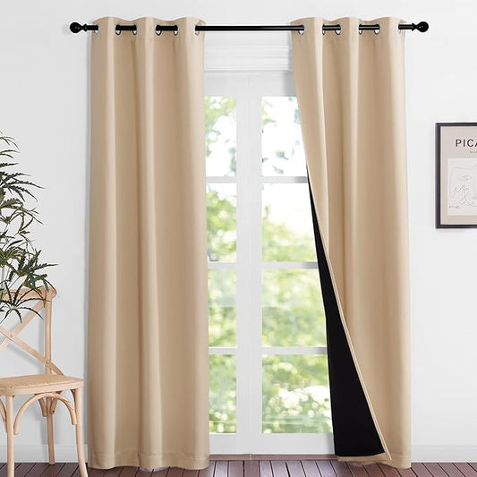 NICETOWN Living Room Completely Shaded Draperies, Set of 2, W37 x L80, Biscotti Beige, Privacy Protection & Noise Reducing Black Lined Insulated Window Treatment Curtain Panels for Patio Door