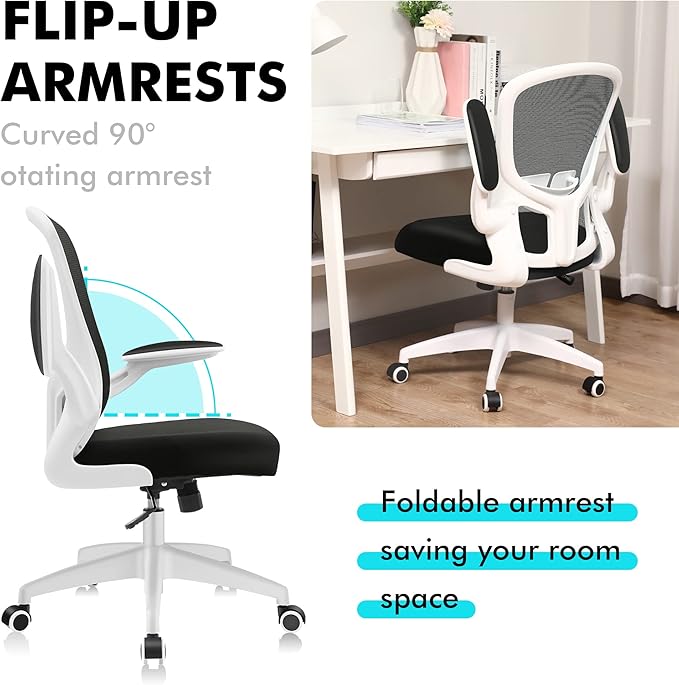 FelixKing Office Desk Chairs, Ergonomic PC Desk Chair with Wheels, Adjustable Lumbar Support and Height, Swivel Computer Chair with Flip-up Armrests, Ergo Mesh Backrest for Working (White)