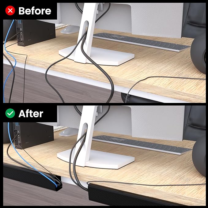 EVEO Cable Management Under Desk Kit (12 Units) - Under Desk Cable Management Cord Cover, Cable Hider Cord Management Under Desk Cable Organizer Cord Organizer Tray - 96''J Channel 24X16 - Black