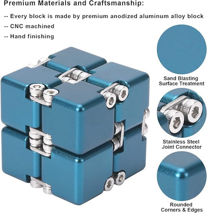 Aluminum Alloy Metal Infinity Cube Fidget Cube (6 Colors) Handheld Fidget Toy Desk Toy with Cool Case Infinity Magic Cube Relieve Stress Anxiety ADHD OCD for Kids and Adults (Blue)