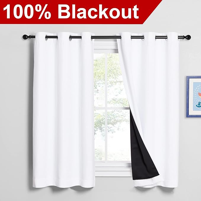 NICETOWN 100% Blackout Curtains 54 inches Long, Double-Deck Completely Blackout Window Treatment Thermal Insulated Lined Drapes for Small Window (White, 1 Pair, 42 inches Width Each Panel)