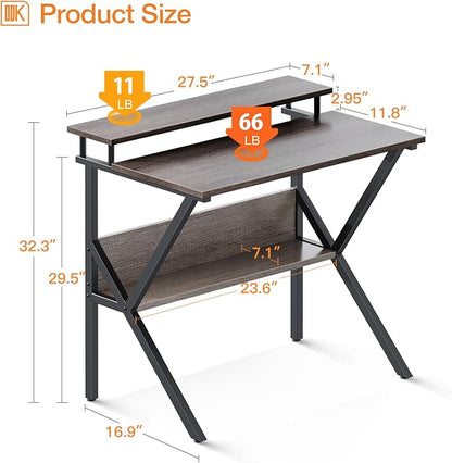 ODK Small Desk, 27.5 Inch Small Computer Desk for Small Spaces, Compact Desk with Storage, Tiny Desk Study Desk with Monitor Stand for Home Office, Grey