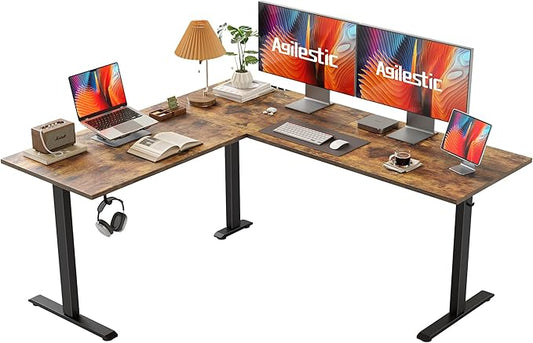 Agilestic L Shaped Standing Desk Adjustable Height, Electric Corner Standing Desk, 63 x 55 inch Sit Stand Computer Table with Splice Board, Rustic Brown