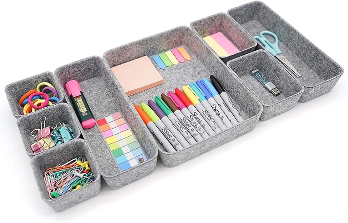 Welaxy Office Drawer Organizers Trays Drawers dividers Felt Storage Bins Organizer bin for Jewelry Cosmetic Makeup Junk Silverware pens Art Crafts Tools Sturdy Flexible Bins,Pack 8 (Gray)