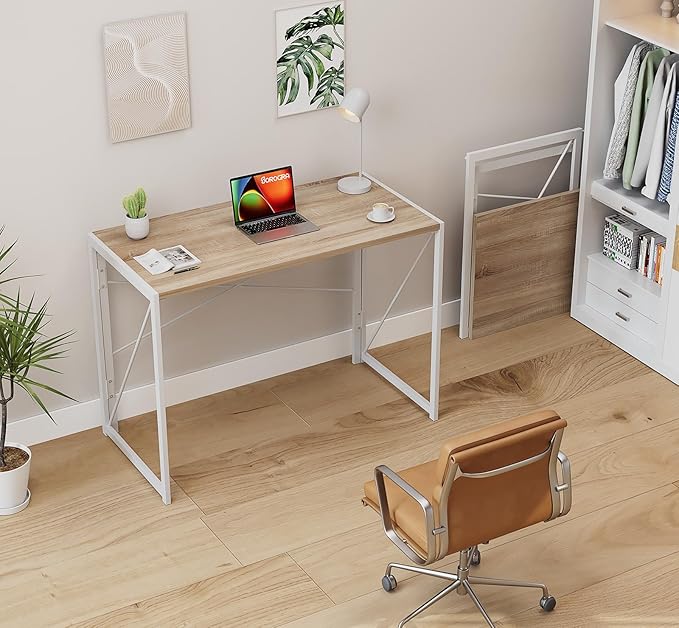 Coavas Folding Desk No Assembly Required, 39.4 inch Small Foldable Desk Writing Computer Table Space Saving Simple Home Office Desk, White Oak