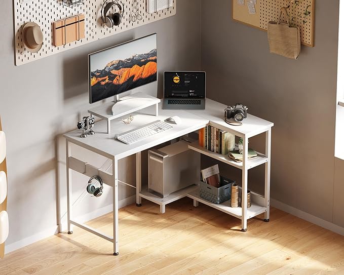 ODK 40 Inch Small L Shaped Computer Desk with Reversible Storage Shelves, L-Shaped Corner Desk with Monitor Stand for Small Space, Modern Simple Writing Table for Home Office Workstation, White