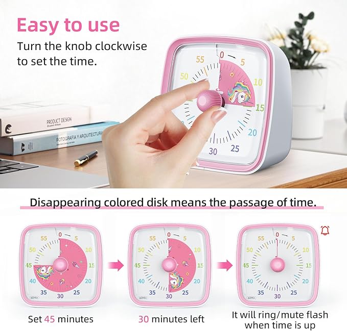 Yunbaoit Visual Timer with Night Light, 60-Minute Countdown Timer for Kids and Adults, Silent Classroom Timer, Pomodoro Timer with Unicorn Pattern for Home, School, Kitchen, or Office (Pink)