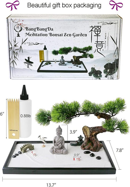 Japanese Zen Garden Kit for Desk - Meditation Rock Sand Garden for Birthday Gift Office Home Desktop Relaxation Decor Bamboo Rakes Bonsai Tree Pagoda Accessories Tools Kits