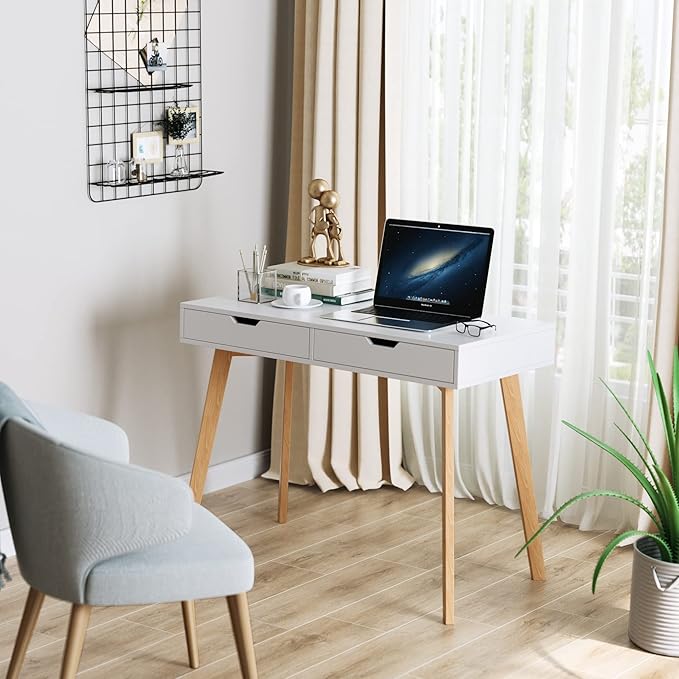 FOTOSOK White Computer Writing Desk with 2 Drawers, Small Desk Makeup Vanity Table Wood Desk with 4 Oak Legs, Modern Home Office Desk Console Study Table