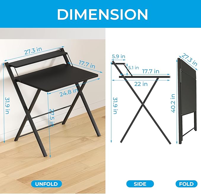 GreenForest Folding Desk No Assembly Required Small Size, 2-Tier Foldable Computer Desk with Shelf for Home Office, Space Saving Portable Laptop Study Foldable Table for Small Spaces, Black