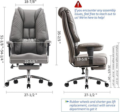 Big and Tall Office Chair 400lbs Wide Seat, Leather High Back Executive Office Chair with Foot Rest, Ergonomic Office Chair Lumbar Support for Lower Back Pain Relief (Grey)