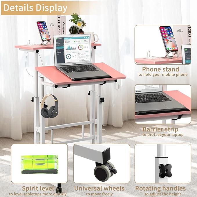 SIDUCAL Mobile Stand Up Desk, Adjustable Laptop Desk with Wheels, Home Office Workstation with USB Ports and Outlets,