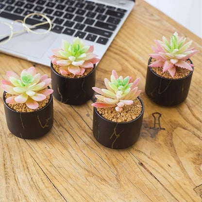 zenmag Mini Succulents Plants Artificial, Mini Succulents Plants Artificial in Black Ceramic Pots for Desk Office Livingroom Bathroom and Home Decoration Set of 4 Artificial Succulents