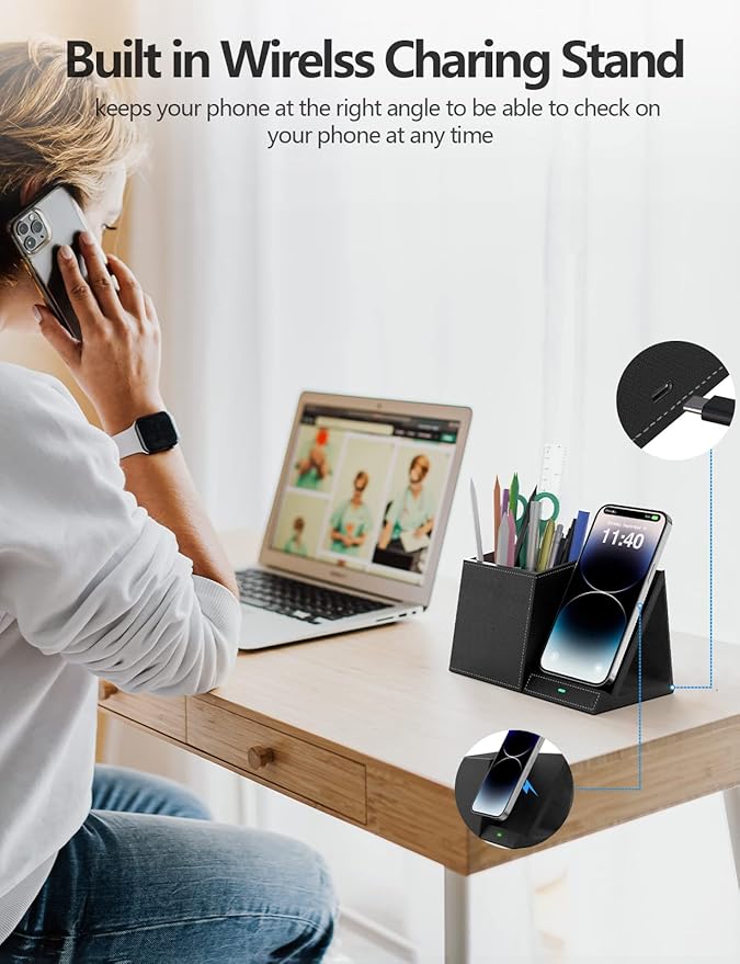 2-in-1 Pen Holder with Wireless Charger, Compatible with iPhone 16/15/14/13/12/11/8 Series, Pencil Holder Phone Stand for Desk Home Office, Men Gift Husband Wife Anniversary Dad Birthday Idea Gadget