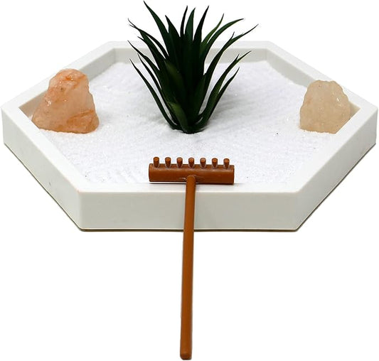 Nature's Mark Mini Zen Garden Kit for Desk with White Sand, Rake, White Base, Salt Rock and Air Plant (Hexagon)