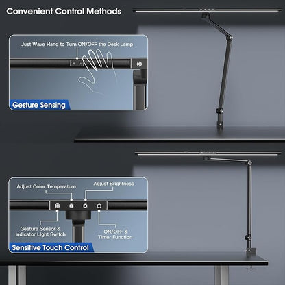 VERSKI Desk Lamp for Office Home, Desk Light with Clamp, 24W Ultra Bright with Gesture Sensing, Adjustable Brightness & Color Temperature, Monitor Light, Task Light, Table Lamp for Work Study,Black