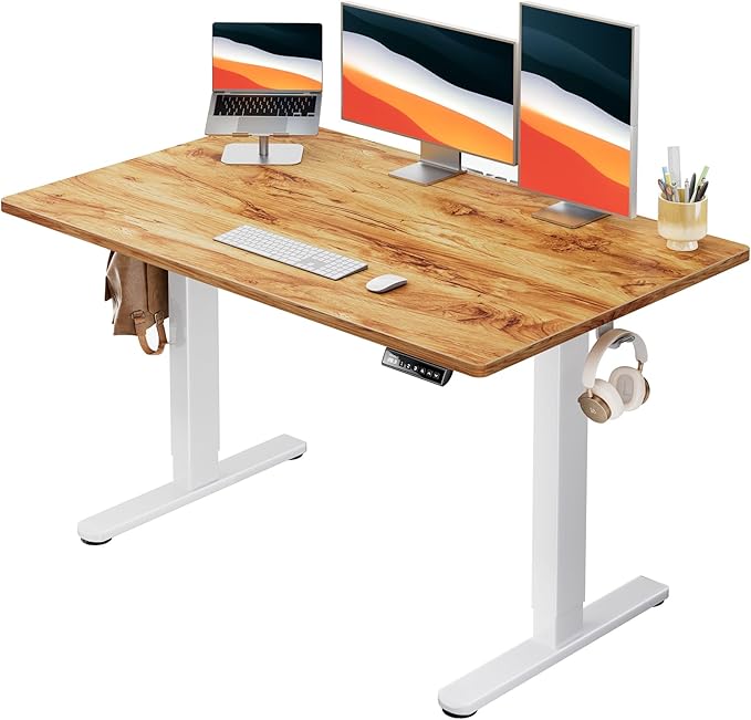 HUANUO Electric Standing Desk, 48" x 30" Whole Piece Desktop, Adjustable Height Computer Desk, 4 Height Memory Settings, Sit Stand Up Desk for Home Office, Light Vintage