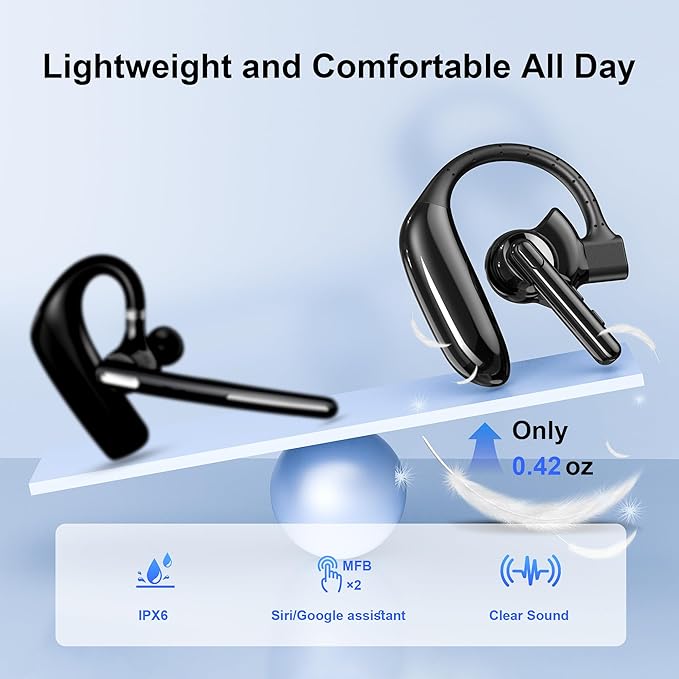 Bluetooth Headset Dual-Mic V5.4 Wireless Bluetooth Earpiece Noise Canceling Hands-Free Headphones 14 Hours Talking Time 140H Standby for Cell Phones iPhone Android Trucker,Office,Driving,Business