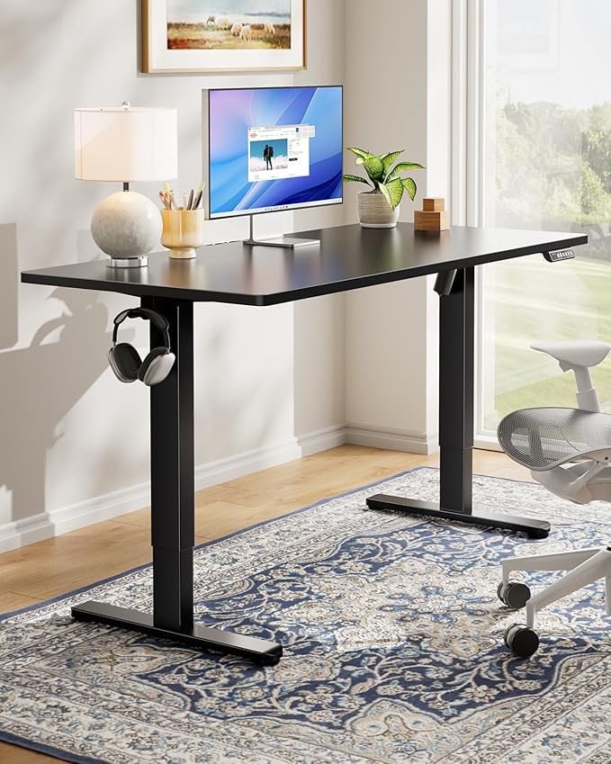 HUANUO Electric Standing Desk, 60" x 24" Whole Piece Desktop, Adjustable Height Computer Desk, 4 Height Memory Settings, Sit Stand Up Desk for Home Office, Black