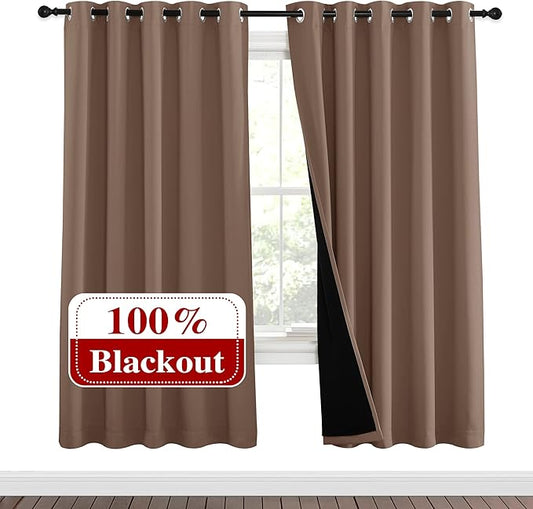 NICETOWN Living Room Completely Shaded Draperies, Privacy Protection & Noise Reducing Ring Top Drapes, Black Lined Insulated Window Treatment Curtain Panels(Cappuccino, 2 Pieces, W62 x L72)