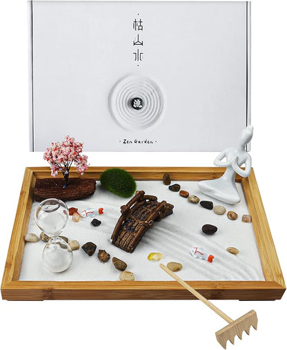 Melonva Japanese Zen Garden for Desk - Life Flows 12" x 8" Desktop Mini Zen Garden with White Sand Artificial Tree Rocks Rakes & Accessories - Meditation Zen Gifts Sand Tray Play Kit Zen Decor