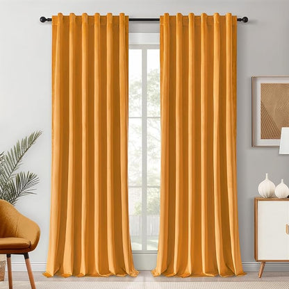 Topfinel Velvet Curtains for Sliding Door - 108 inches Long Velvet Drapes Light Blocking Curtains for Nursery/Dining Room, Mustard Yellow, 52 x 108 inches, 2 Panels