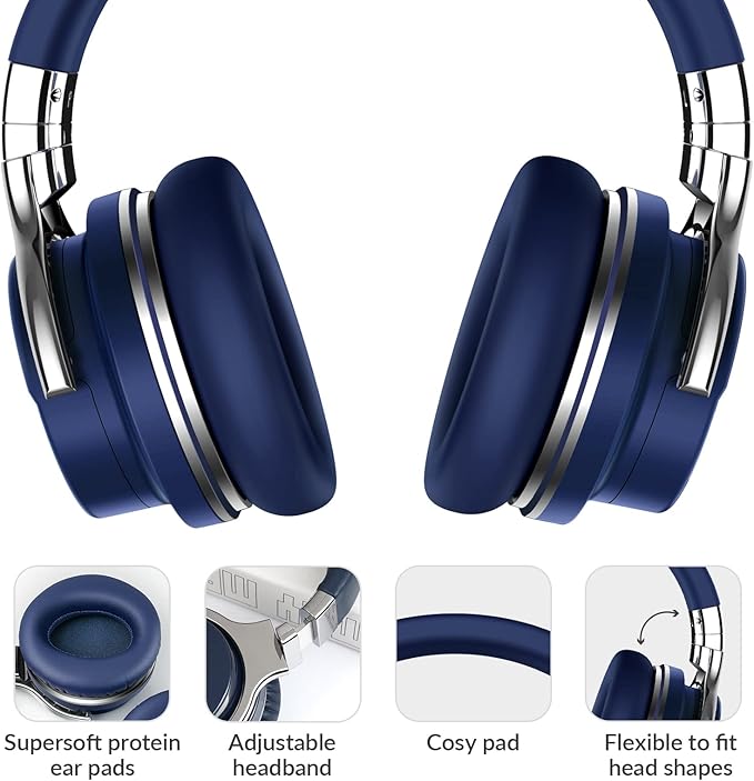 Silensys E7 Active Noise Cancelling Headphones Bluetooth Headphones with Microphone Deep Bass Wireless Headphones Over Ear, Comfortable Protein Earpads, 30 Hours Playtime for Travel/Work, Navy