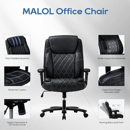 COLAMY Big and Tall Office Chair 400lbs - Ergonomic High-Back Leather Executive Desk Chair with Padded Lumbar Support, Adjustable Arms, Wide Seat, Swivel Rolling for Heavy People, Black