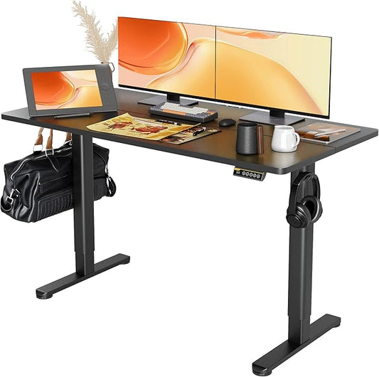 Electric Standing Desk, Adjustable Height Stand up Desk, 55x24 Inches Sit Stand Home Office Desk with Splice Board, Black Frame/Black Top