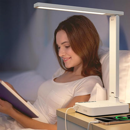 cozoo LED Desk Lamp with USB Charging Ports and Type C Port,2 AC Outlets,9 Lighting Modes,Touch/Memory/Timer Function,10W Eye Protection Foldable Reading Light,Study Lamp,Dorm Essentials Desk Light