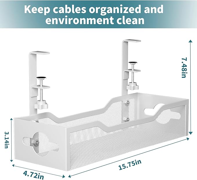 Litwaro Under Desk Cable Management Tray White, Cable Management Under Desk No Drill, Desk Cable Organizer with Clamp for Desk Cord Organizer, Desk Wire Management for Office, Home No Damage to Desk