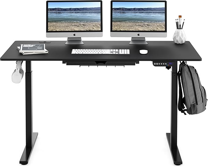 SHW 55-Inch Large Electric Height Adjustable Standing Desk with Drawer, 55 x 28 Inches, Black