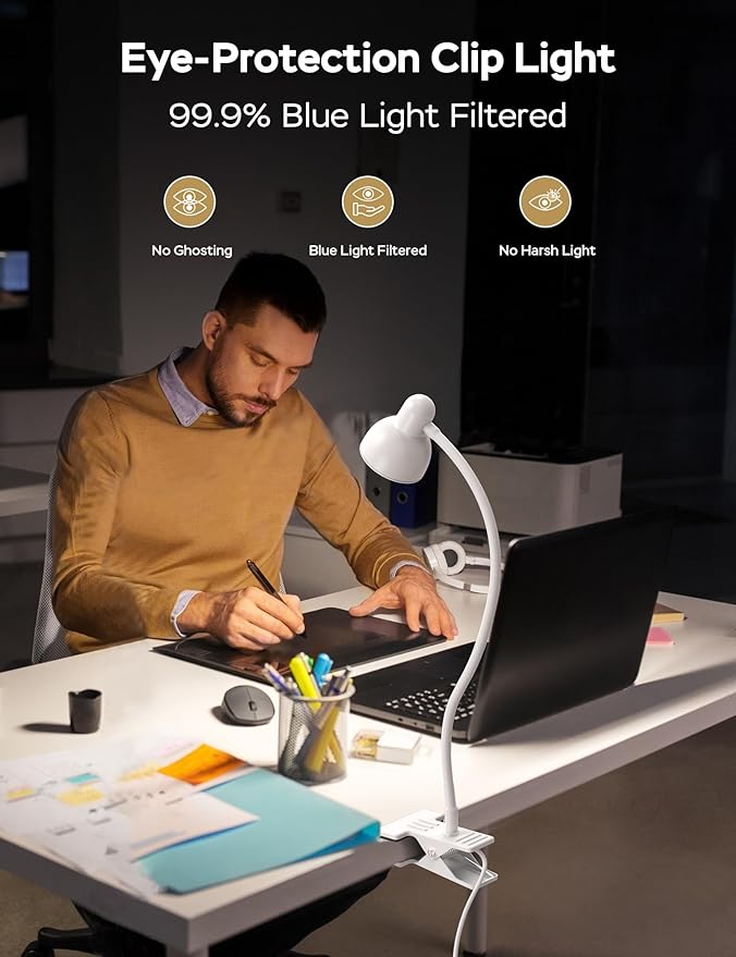 Clip on Lamp USB Reading Light, 3 Color Modes, 10 Brightness Dimmable, Flexible Gooseneck Desk Lamp with Clamp, Eye Care Clip on Light for Bed Desk Headboard Home Dorm White