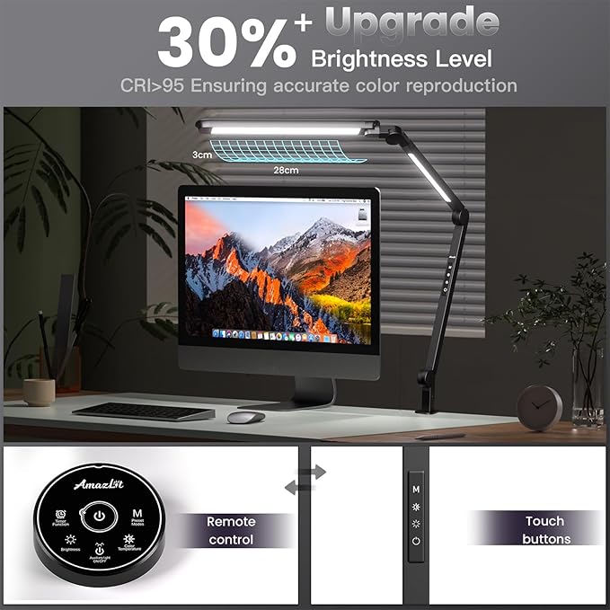 LED Desk Lamp with Clamp, 16W Desk Light for Home Office, Stepless Dimming and Adjustable Color Temperature,Office Lamp with Memory and Timer Function for Study, Work, Home, Office