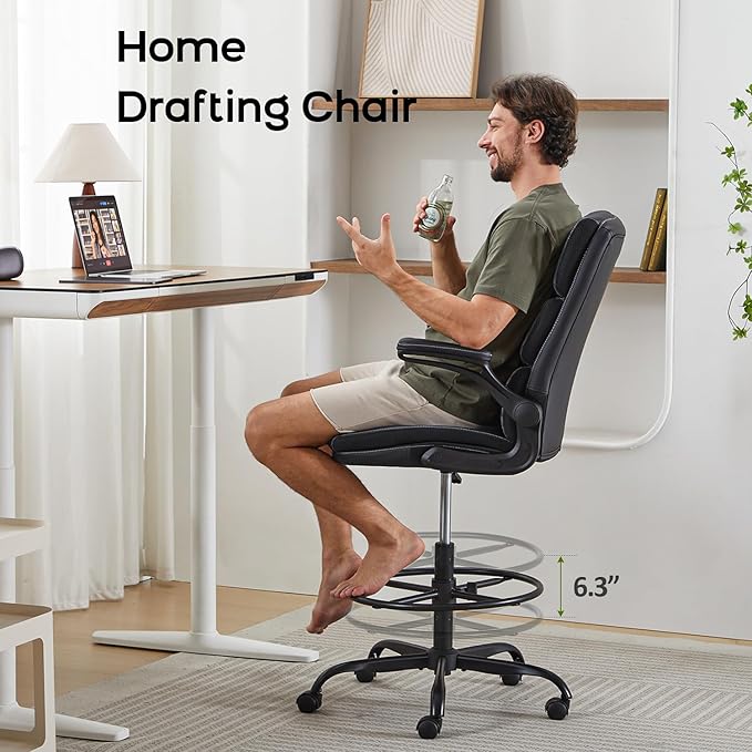 Drafting Chair Tall Office Chair with Padded Flip-up Armrests Executive Ergonomic Computer Standing Desk Chair with Comfortable Leather Backrest and Adjustable Footrest Ring (White)