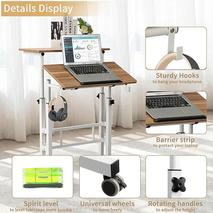 SIDUCAL Small Standing Desk, Portable Stand Up Desk, Height Adjustable Mobile Standing Desk Converter with Wheels Computer Workstations, Rolling Desk Laptop Cart for Standing or Sitting, Vintage Oak