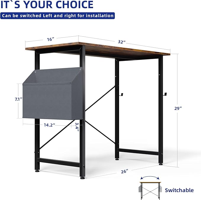 Pamray 32 Inch Computer Desk for Small Spaces with Storage Bag, Home Office Work Desk with Headphone Hook, Small Office Desk Study Writing Table