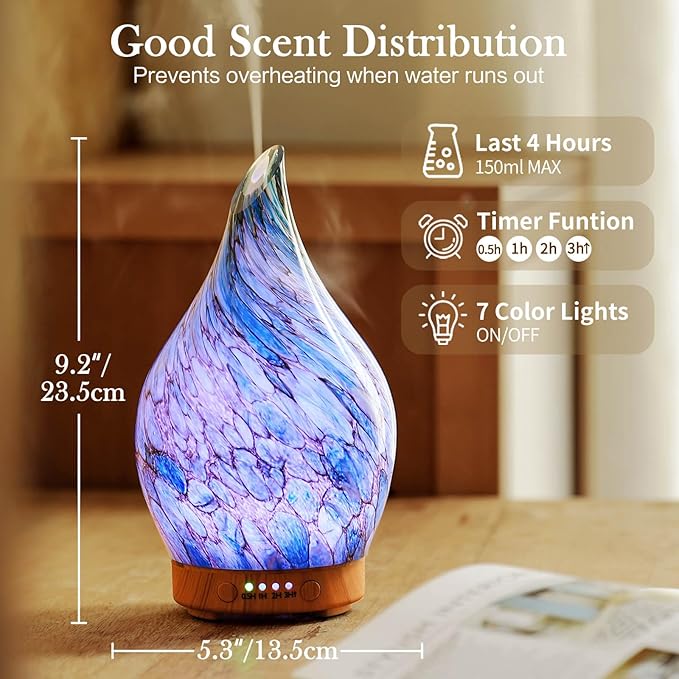 Porseme 100ml Glass Essential Oil Diffuser Aromatherapy Ultrasonic Cool Mist Humidifier 4 Running Hours Waterless Auto-Off Air Diffusers for Sleeping,Yoga,Office Working Spa and Rest (Light Blue)