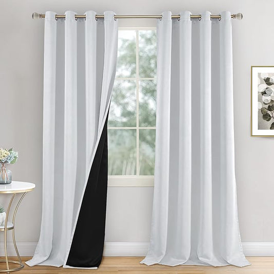 90 Inches Long Blackout Curtains 2 Panels for Living Room, Thermal Insulated 100% Light Blocking Soundproof Grommet Window Curtains with Thick Liner, Each 52 Inch Wide, Greyish White