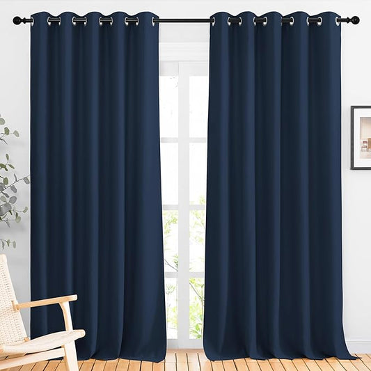 NICETOWN Navy Blue Blackout Living Room Curtains 110 inches Long, Grommet Thermal Window Treatments Room Divider Blinds Sound Reducing for Living Room, W66 x L110, 2 Pieces