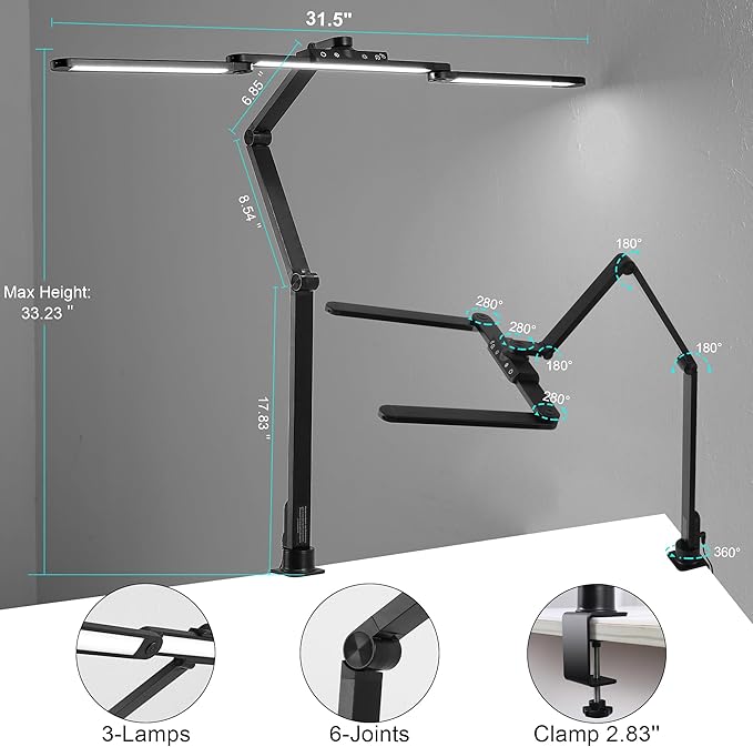 Desk Lamp with USB Charging Ports(C+A) Desk Lamps for Home Office with Hand-Sweep Desk Lamp with Clamp 24W LED Desk Light Clip On Office Desk Lamp with Timer, 21 Light Modes Dimmable Lamp for Desk