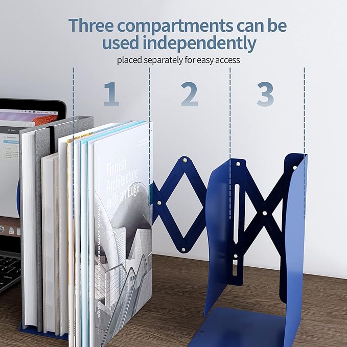 PUNCIA Desktop Adjustable Bookends Expandable Book Binder Holder Table Telescopic Bookshelf Metal Memo Bookcase Rack Shelf for Kid Child Student Office Book File Organizer Storage (Blue)