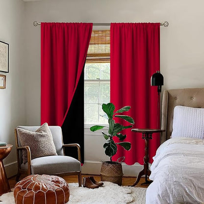 BGment Christmas Thermal Insulated 100% Blackout Curtains for Bedroom Decoration with Black Liner, Double Layer Full Room Darkening Noise Reducing Rod Pocket Curtain (52 x 84 Inch, Red, 2 Panels)