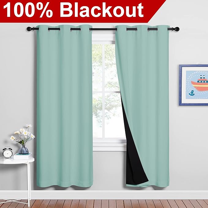 NICETOWN 100% Blackout Window Curtain Panels, Full Light Blocking Drapes with Black Liner for Nursery, 72-inch Drop Thermal Insulated Draperies (Aqua Blue, 2 Pieces, 42-inch Wide Per Panel)