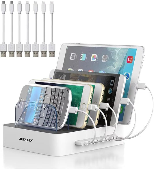 Charging Station for Multiple Devices, MSTJRY 5 Port Multi USB-A Charger Station with Power Switch Designed for iPhone iPad Cell Phone Tablets (White, 6 Mixed Short Cables Included)