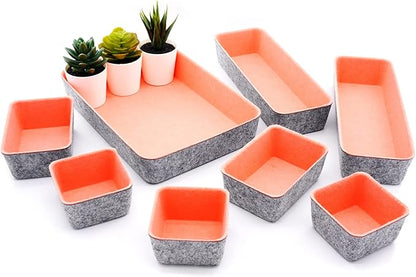 Welaxy desk drawer organizers bin trays dividers small shallow felt storage box sturdy office suppliers makeup crafts pens decluttering 8-piece gifts for women (Coral)